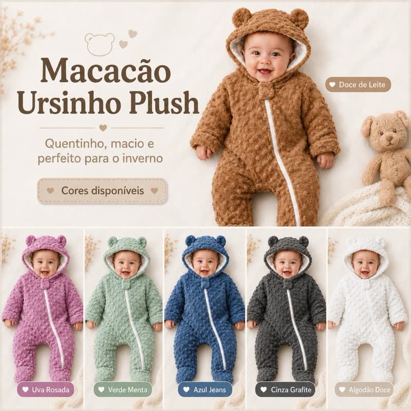 Macacão Ursinho pipoquinha plush orelhinhas quentinho de 0 a 12 Meses