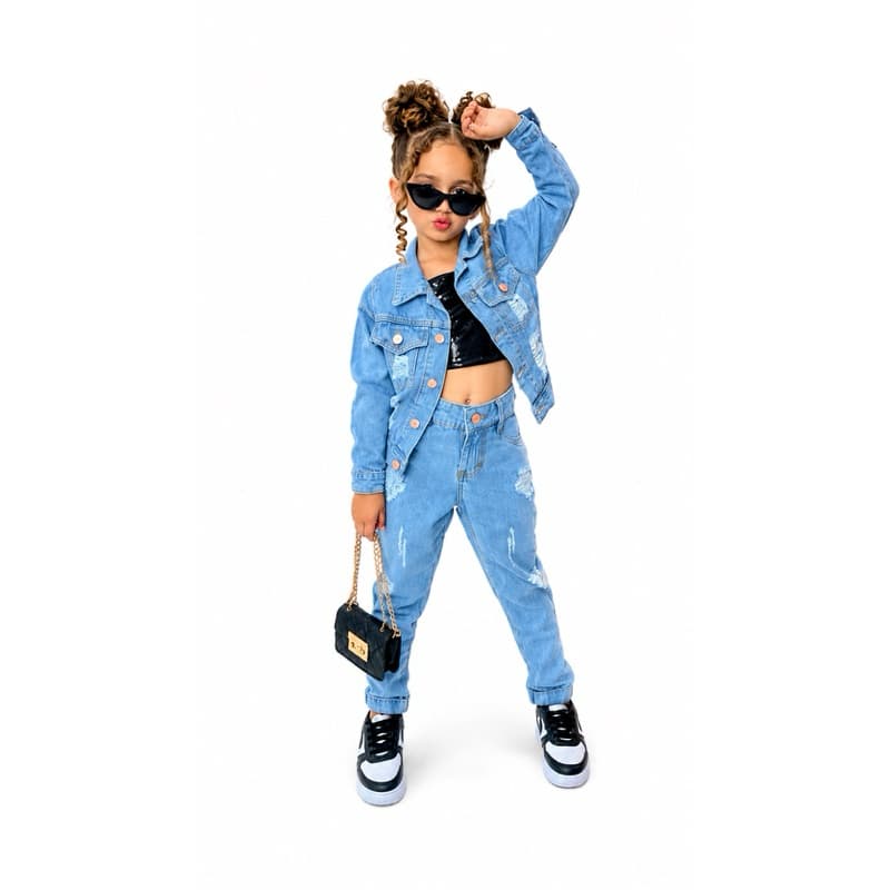 Conjunto feminino infantil jeans rasgadinho jaqueta + calça mon
