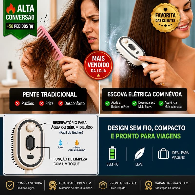 Escova Elétrica 3 em 1 Anti-Frizz com Névoa Hidratante