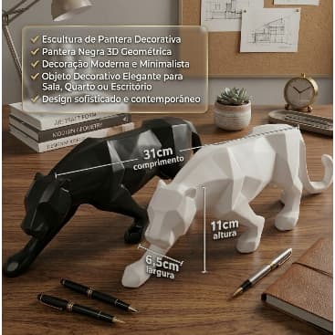Pantera 3D Geométrica Branco Decoração Luxo Sala Escritório Preto Fosco Envio Imediato