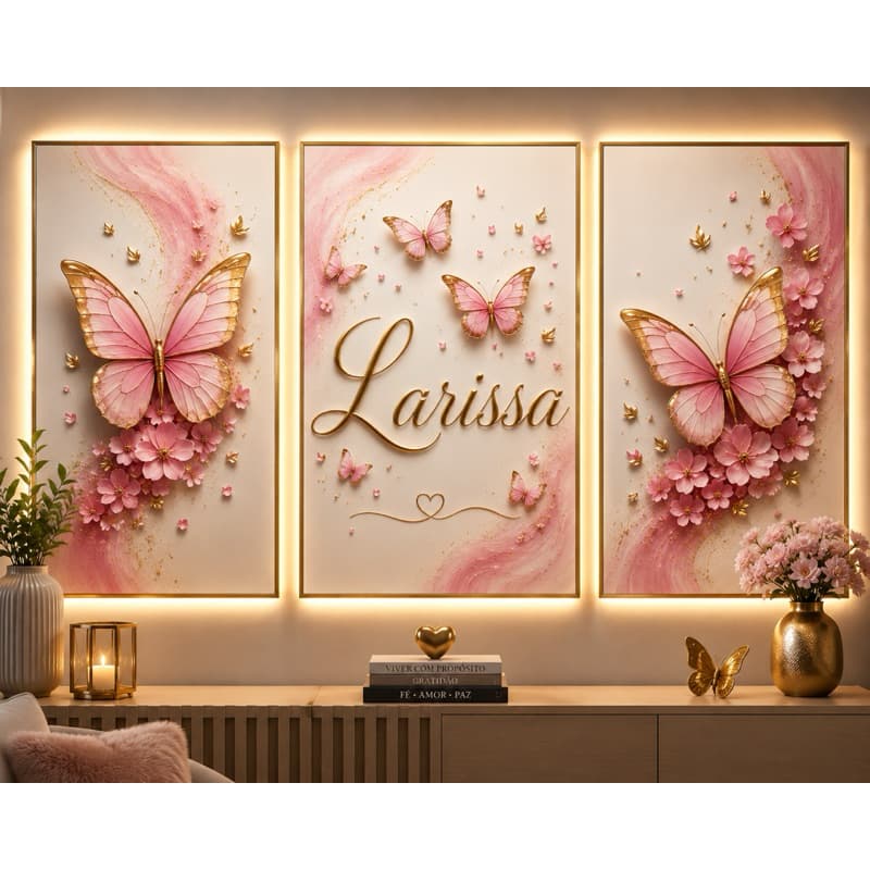 Kit 3 Quadros Decorativos Borboletas Rosa com Nome Personalizado Arte Floral Luxo Sala Feminina