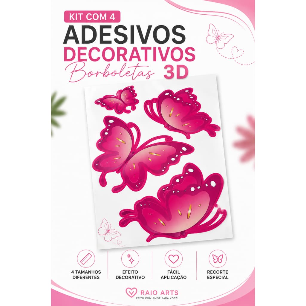 Adesivo Decorativo Borboletas Rosa Kit Com 4 Modelos Parede Quarto Notebook Scrapbook