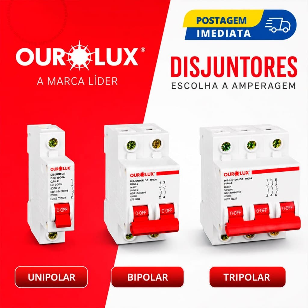 Disjuntor Ourolux Unipolar Bipolar Tripolar 10A a 63A Curva C Selo Inmetro Dispositvo Segurança Elétrica Residencial
