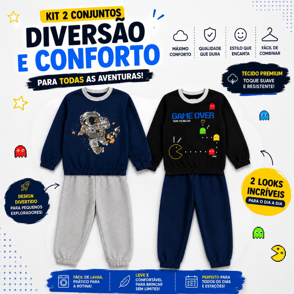 Kit Sortido 2 Conjunto Moletom Infatil Peluciado Masculino/Menino Elastico Na Manga e Na Barra Quentinho Inverno
