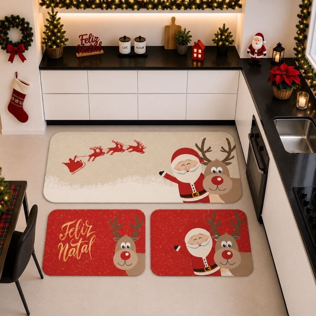 Kit Jogo 3 Peças de Tapete para Cozinha Natalino Feliz Natal Dcorô ENVIO RÁPIDO!