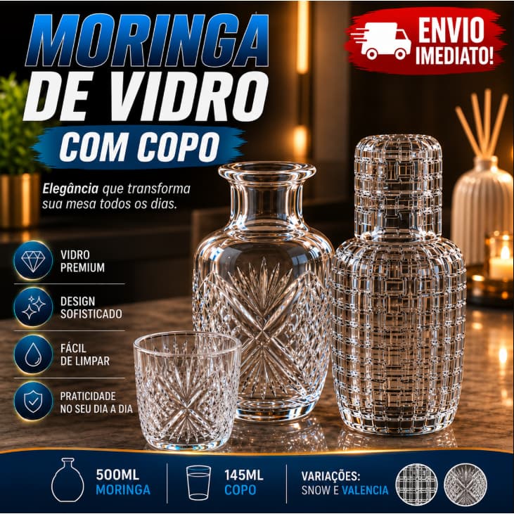 Moringa de Vidro Jarra 500ml com Copo Tampa 145ml Lehaví Para Água Bebidas Sucos Destilados Banheiro