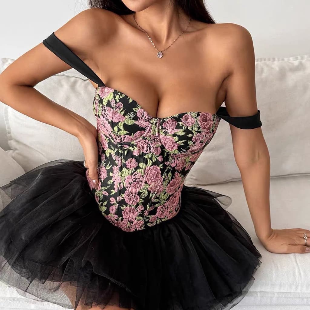 Corset Feminino Floral com Bojo e Alças Caídas