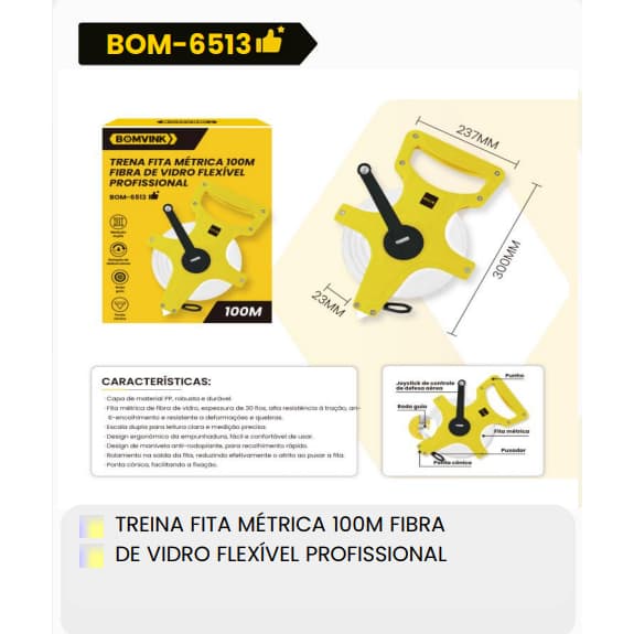 Trena Fita Métrica 50M ou 100M Fibra De Vidro Flexível Profissional