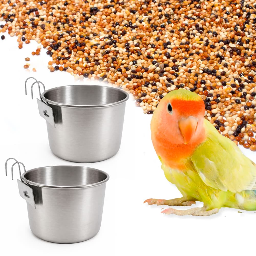 Kit com 2 Caneca Bebedouro Comedouro Aluminio com Gancho Power Pets Para Passaros Hamster Calopsita Gaiola