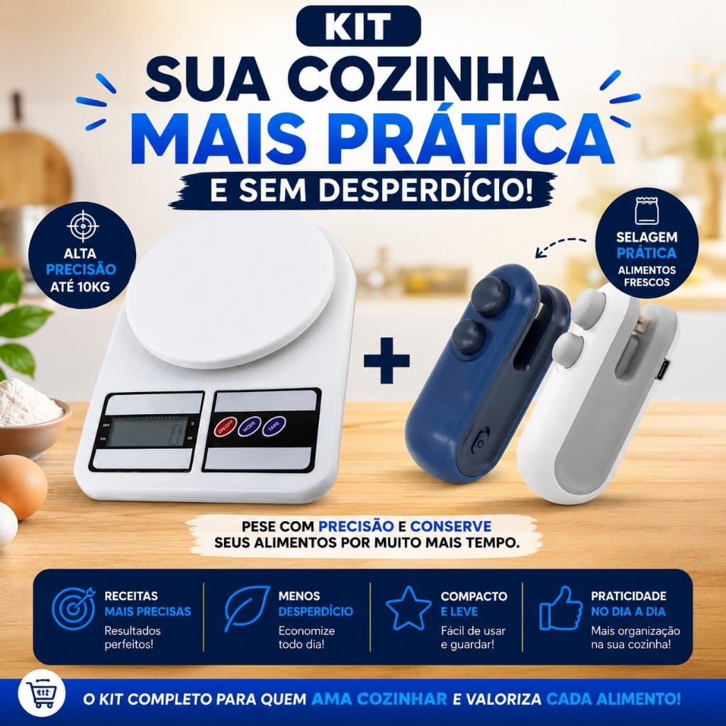 Kit Balança Digital Cozinha 10kg Alta Precisão + Seladora de Sacos Portátil Conserva Alimentos