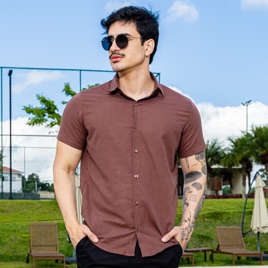 Camisa Social Masculina Manga Curta Algod茫o Trama Linho Slim Fit Casamento