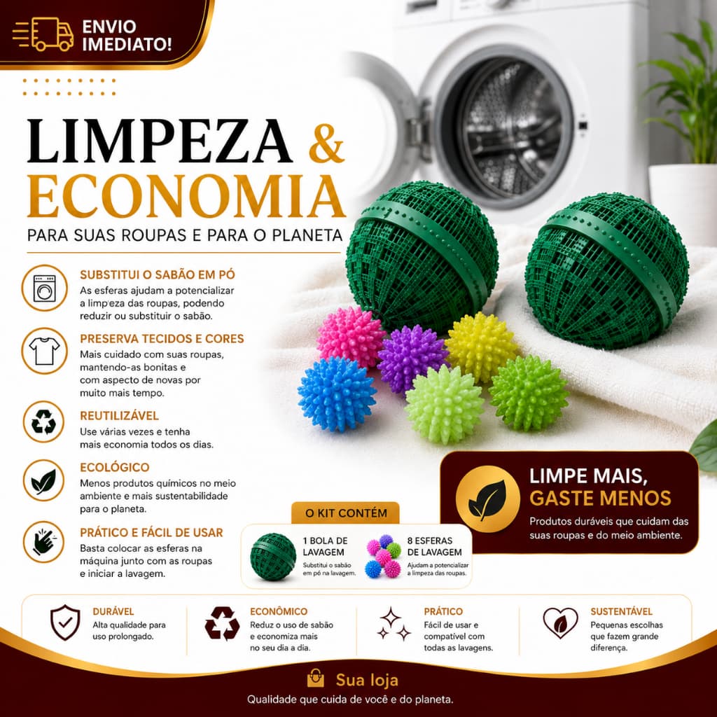 Eco Bola de Lavar Roupas Ecológica + 8 Esferas de Lavagem Reutilizáveis Economia de Sabão Preserva Tecidos e Cores