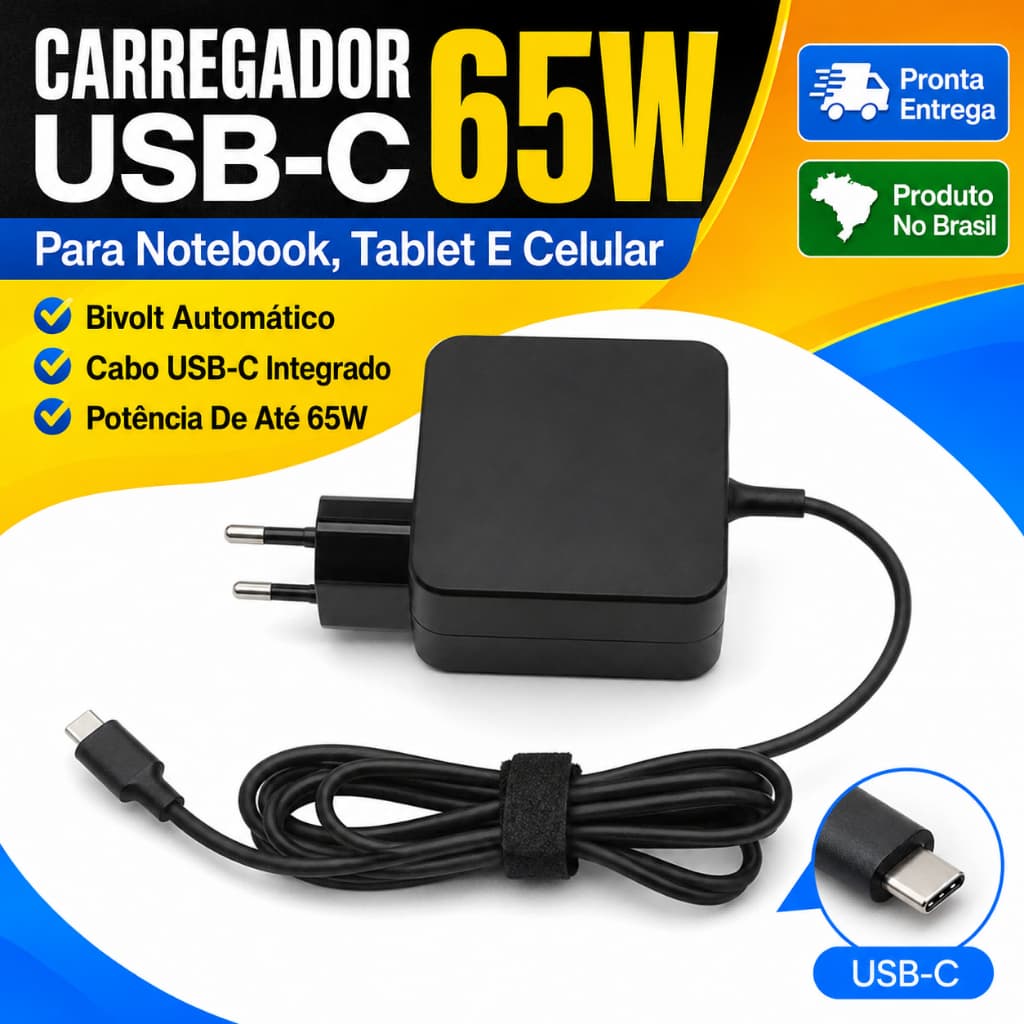 Fonte Carregador USB-C 65W Bivolt Para Notebook Celular Tablet Cabo Integrado