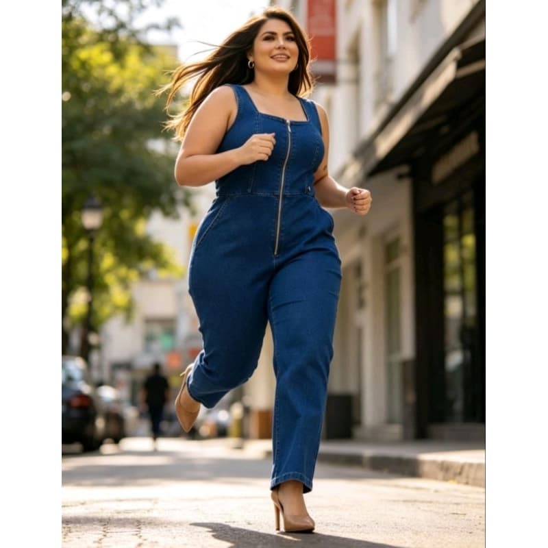 Macacão Flare Plus Size Jeans Feminino Linha Premium