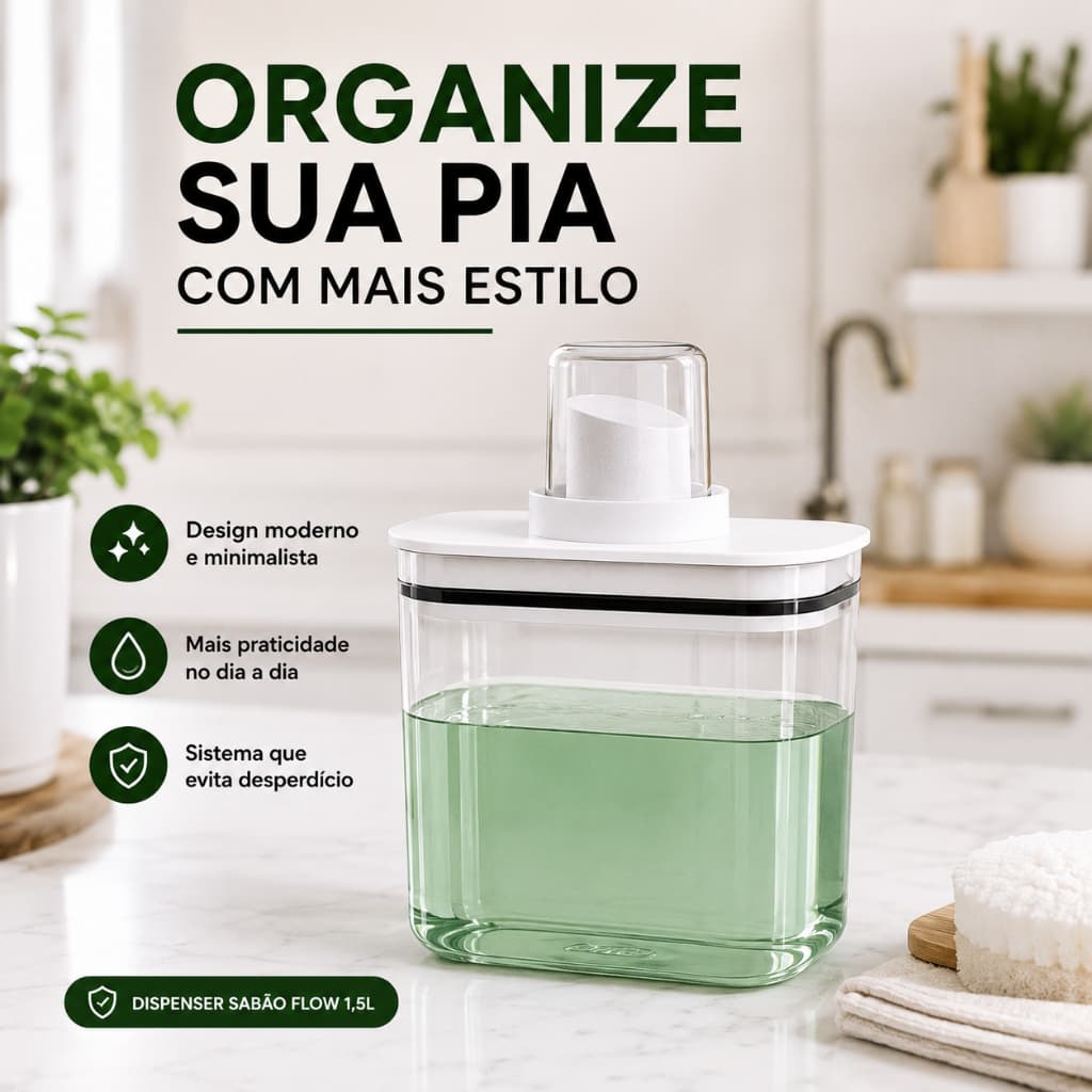 Dispenser para Sabão Líquido Flow 1,5L Transparente com Vedação em Silicone Anti Desperdício