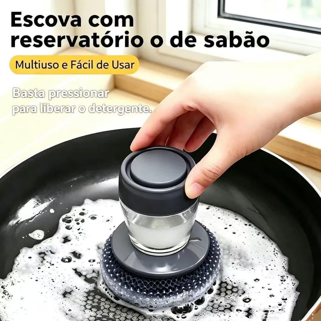 Escova Lava Louças com Dispensador de Detergente, Esponja Removível e Botão Dosador para Panelas, Pratos e Pia
