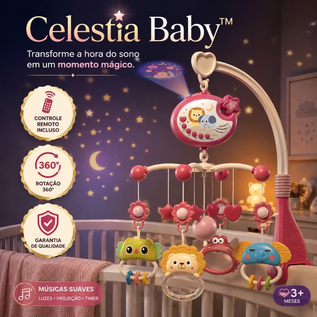 Móbile Musical para Berço Bebê com Projetor de Estrelas Controle Remoto Rotação 360° Celestia Baby