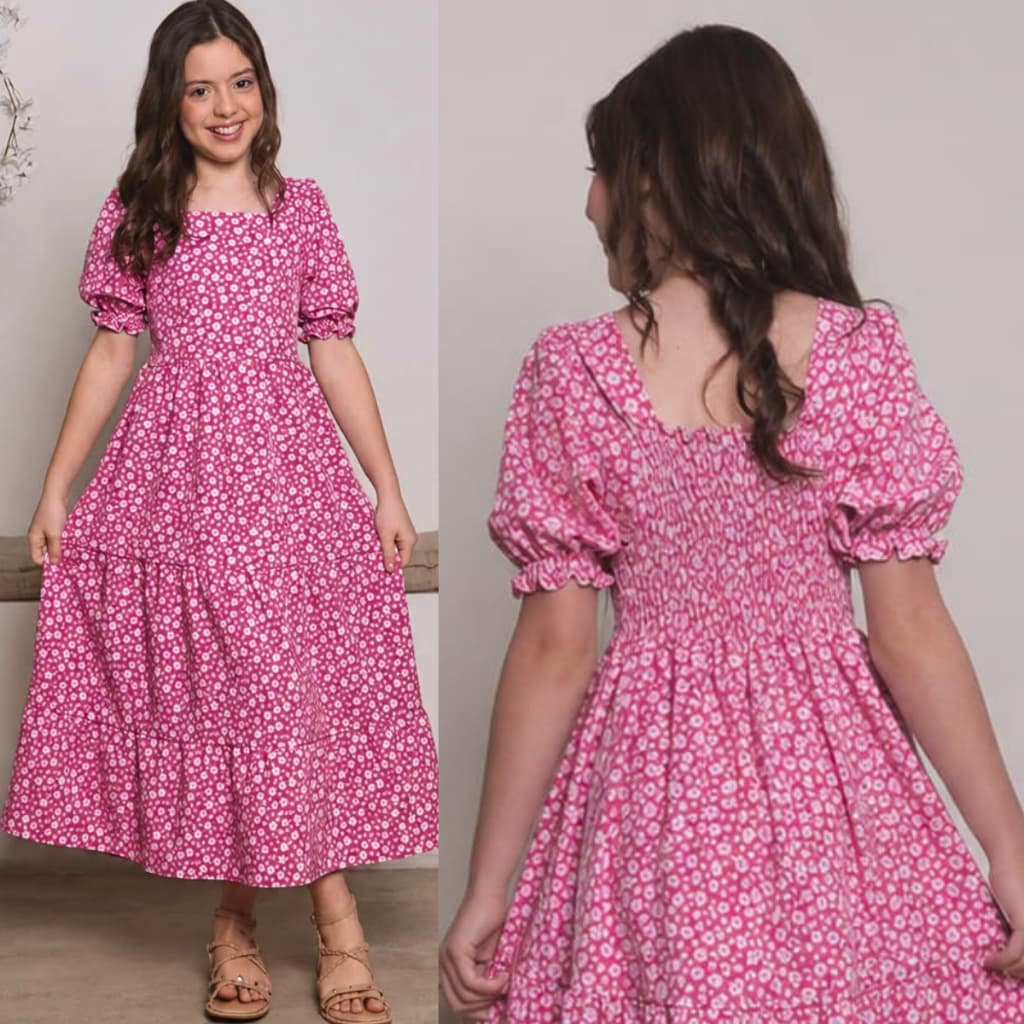 Vestido Longo Infantil Juvenil Crepinho Estampada Manga Bufante Casual Meninas 3 Marias