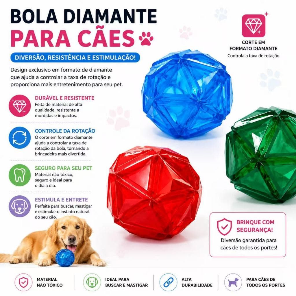 Brinquedo Bola Diamante Com Som Mordedor Resistente TPR Flutua Brilha para Cachorro Cães Pets