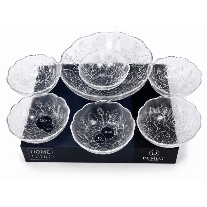 Kit Bowls de Vidro Rose 7 Peças Dumiat – 1 Bowl 1,5L + 6 Bowls 310ml para Sobremesa, Saladas e Frutas