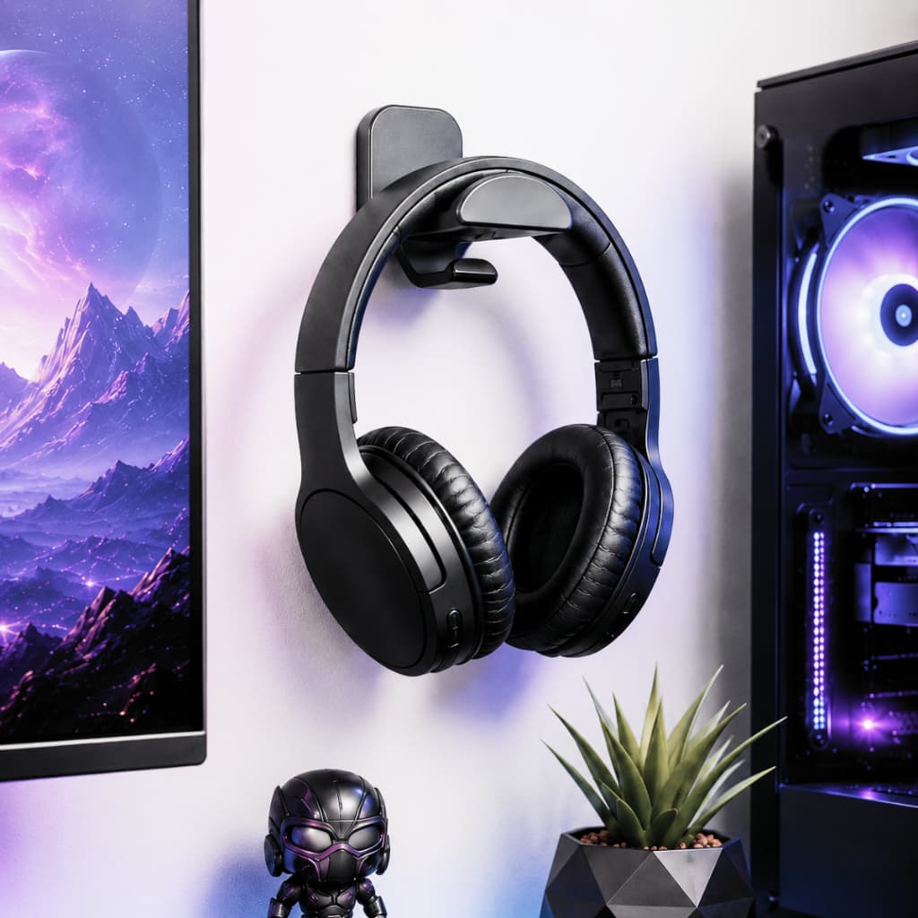 Suporte De Parede Fone Headset Headphone Gamer Com Gancho Para Cabo c/ Fita Dupla Face 3M Resistente