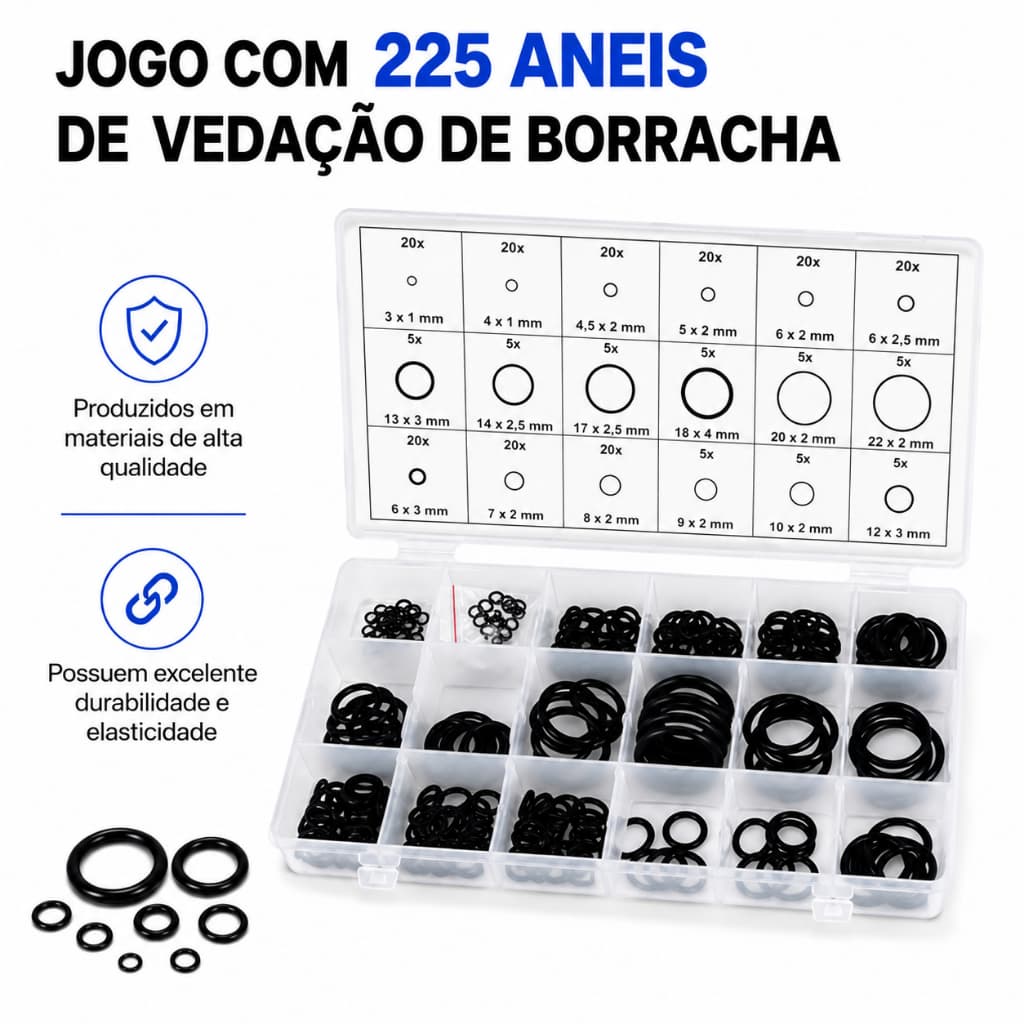 JOGO COM 225 ANEIS DE VEDACAO DE BORRACHA O-RING 18 TAMANHOS