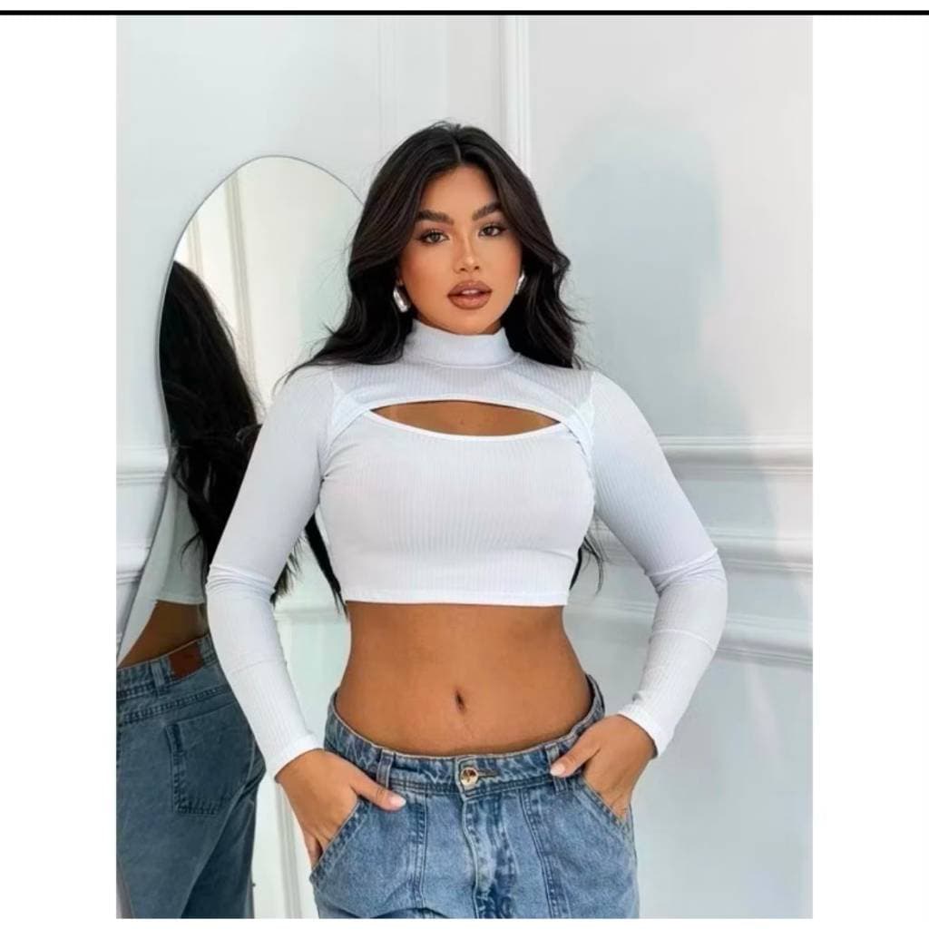 Blusa Manga longa  Canelada  Feminina Abertura Frontal Envio Imediato