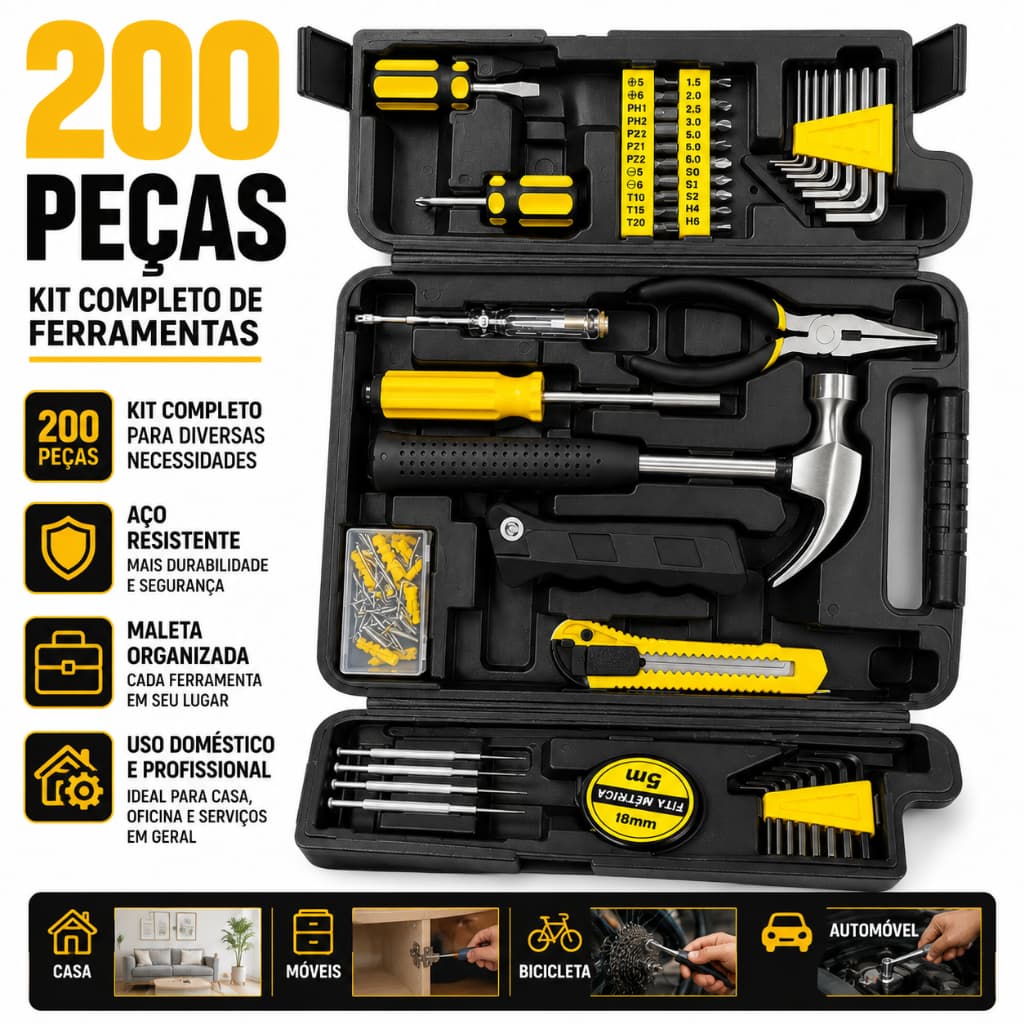 Maleta de Ferramentas Completa 200 Peças – Kit Multifuncional para Reparos e Manutenção  bike, carro