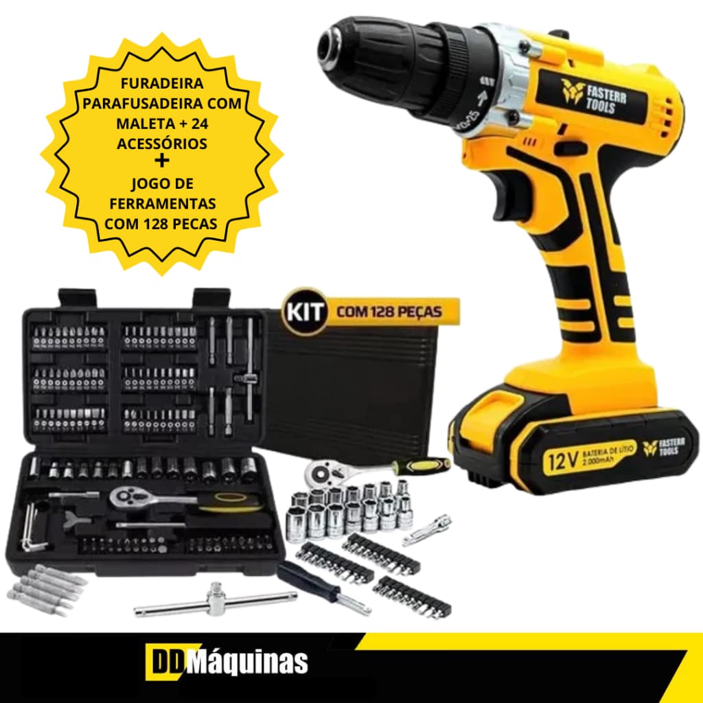 Kit De Ferramentas Manuais C/ 128 Peças + Furadeira/Parafusadeira 12V C/Bateria + 24 Peças -Fasterr