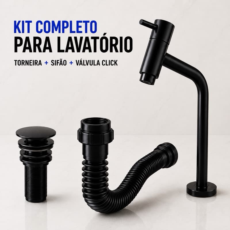Kit Torneira Link Banheiro Preto 1/4 + Válvula Click 7/8 Pia + Sifão Universal 72cm Lavabo Lavatório