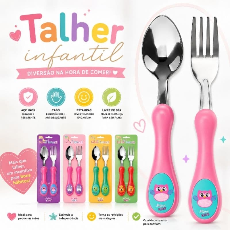 Kit Talheres Infantis Coloridos com Personagens Amigos | Colher e Garfo Aço Inox Kids