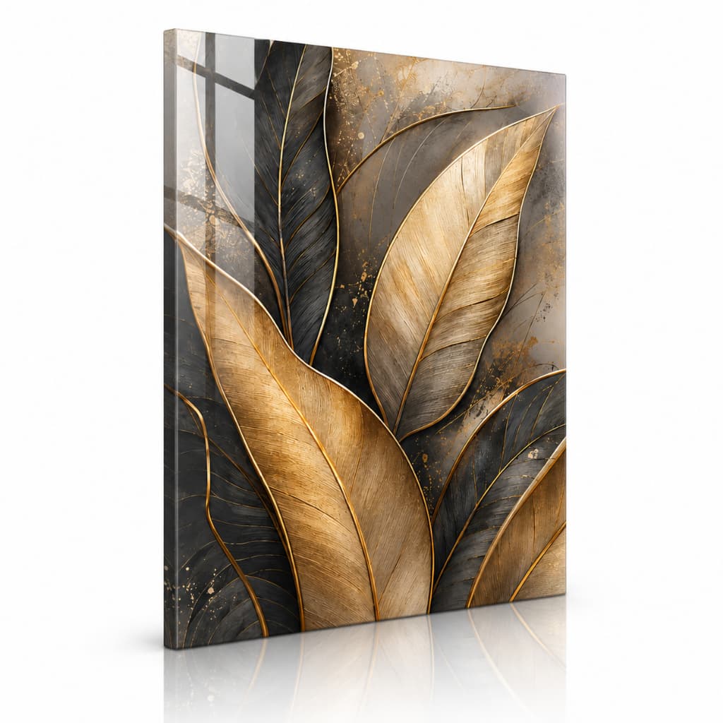Quadro Decorativo Folhas Abstratas Douradas e Pretas Arte Moderna Elegante para Sala