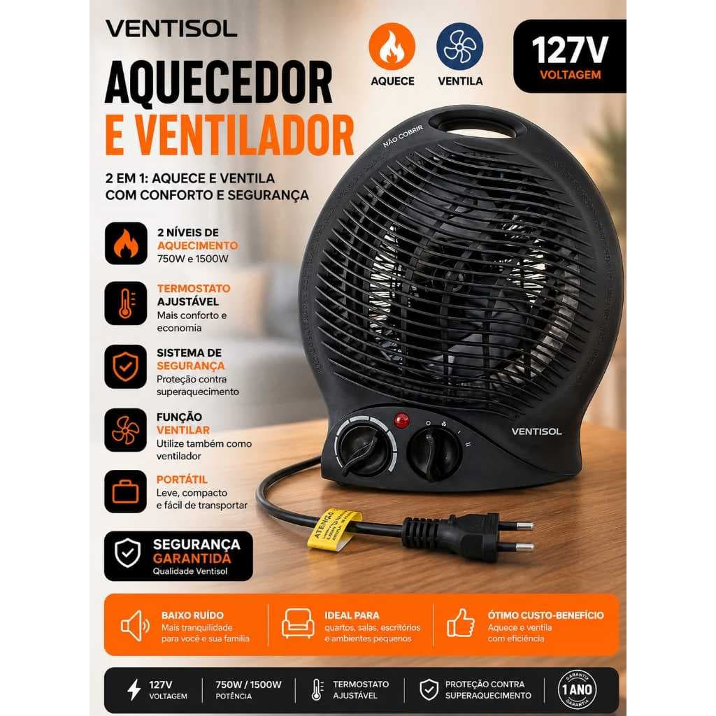 Aquecedor Eletrico Portatil Premium Ventisol A1 Cor Preto