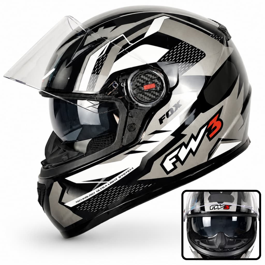 Capacete Gtx Fox Grafite Fw3 Com Óculos Solar Interno E Narigueira Preto Brilhante