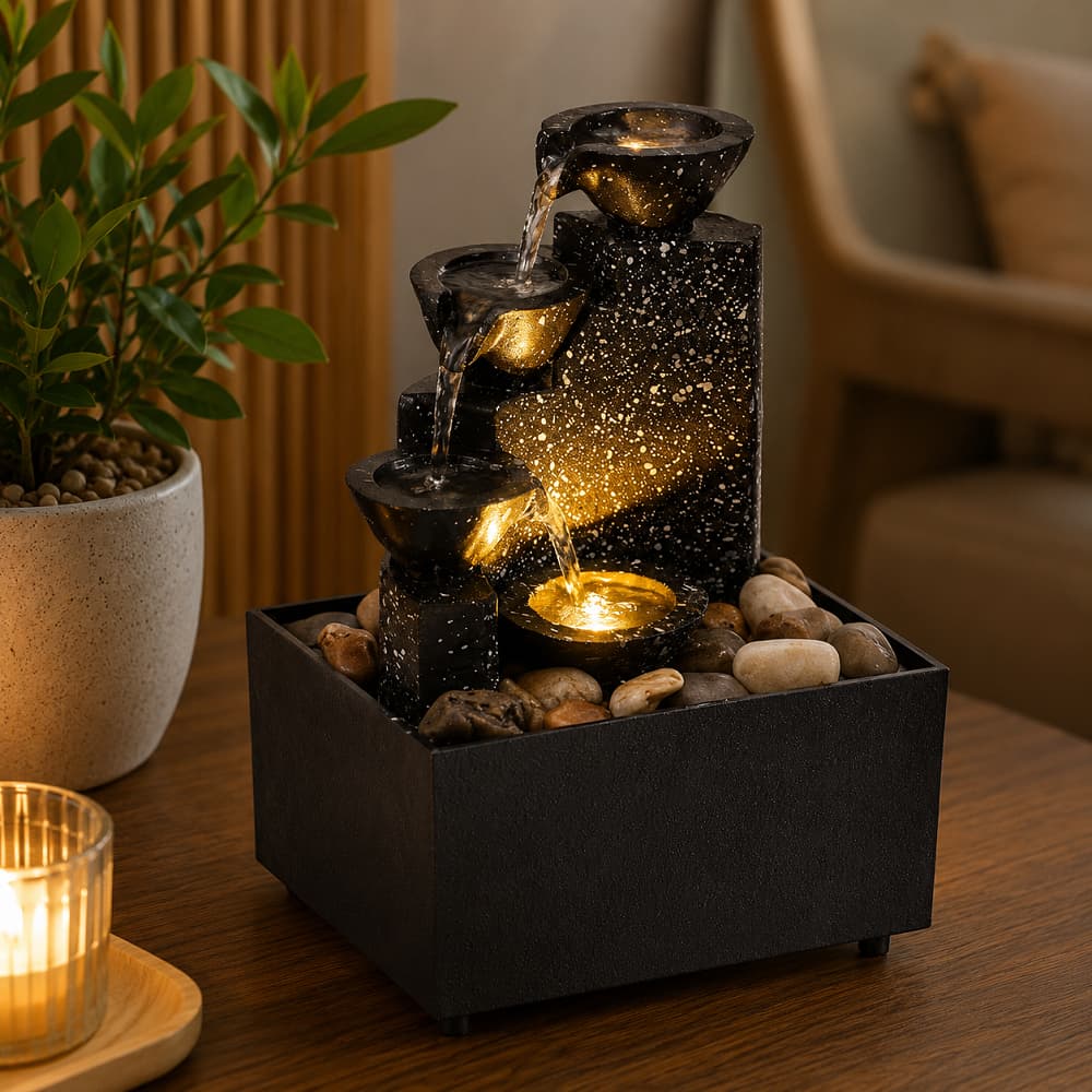 Fonte de Mesa Cascata Decorativa com LED Quente USB Pedras Naturais Relaxante Zen
