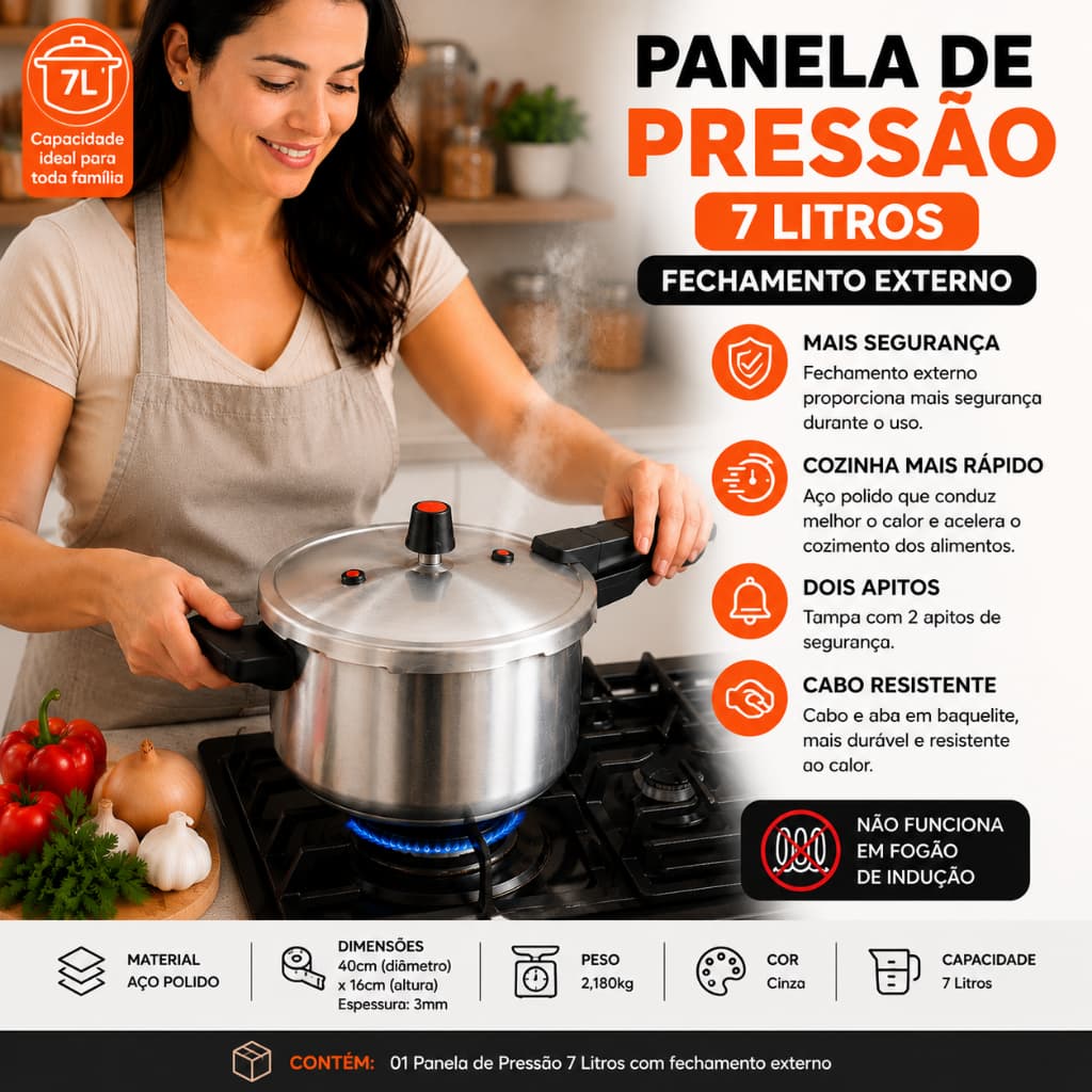 Panela pressão 7 litros fechamento externo segurança no cozimento feijão carnes sopas legumes