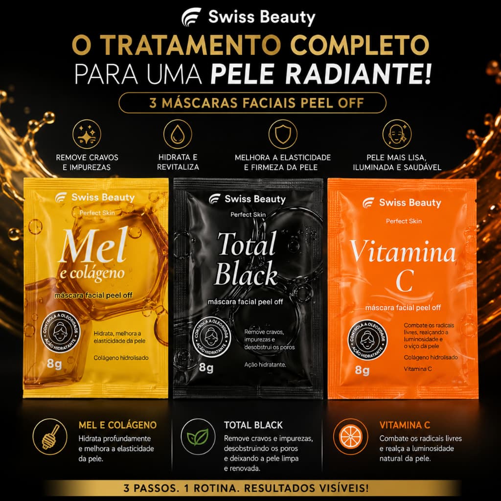 Kit com 3 Máscara Facial Limpeza de Pele Removedora de Cravos Anti Oleosidade Vitamina C e Colágeno