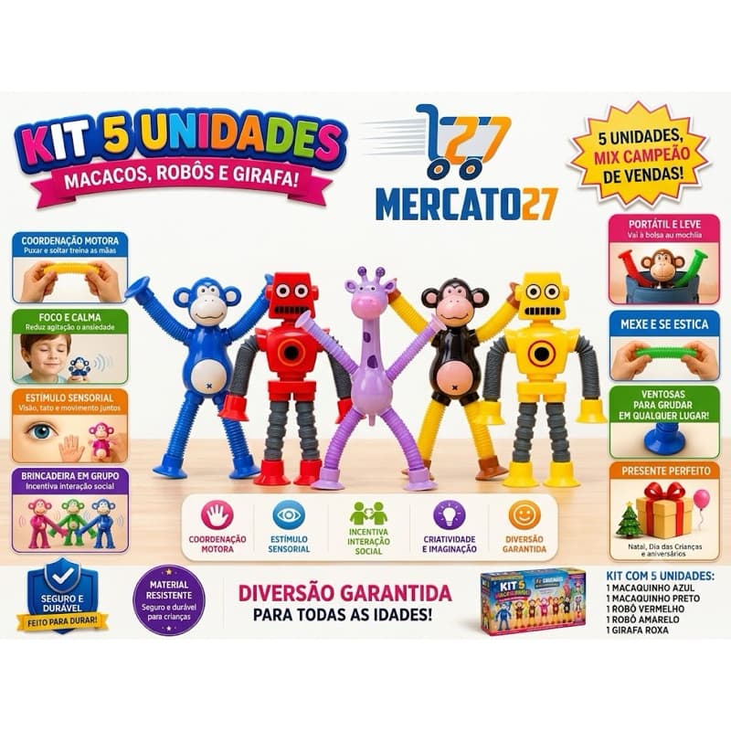 KIT com  5x Pop Tube Infantil Brinquedo Sensorial Estica Alonga Dobra com Luz LED - 5 unidades