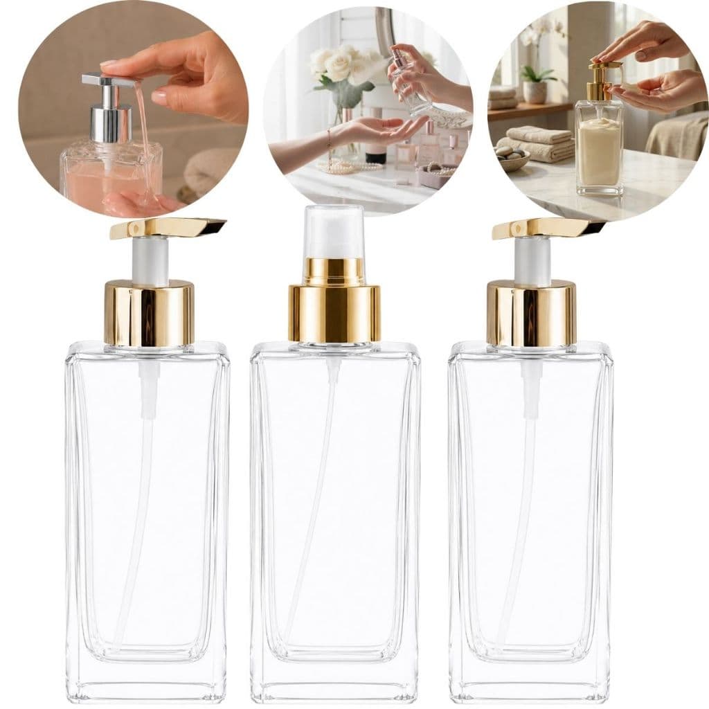 Kit Frascos Square Vidro 250ml | Porta Sabonete / Álcool Gel / e Home Spray  | 06 Opções de Cores de Tampa