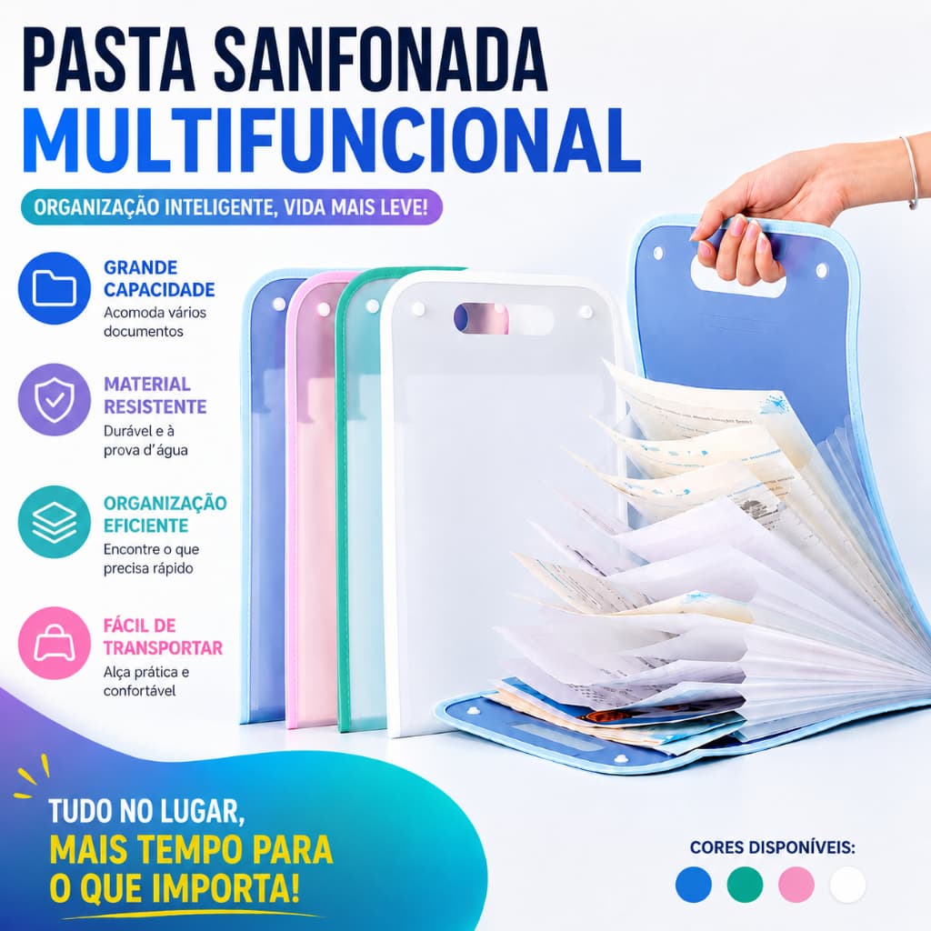 Pasta Sanfonada A4 12 Divisórias Para Documentos Organizador Escritório Escola Papelaria