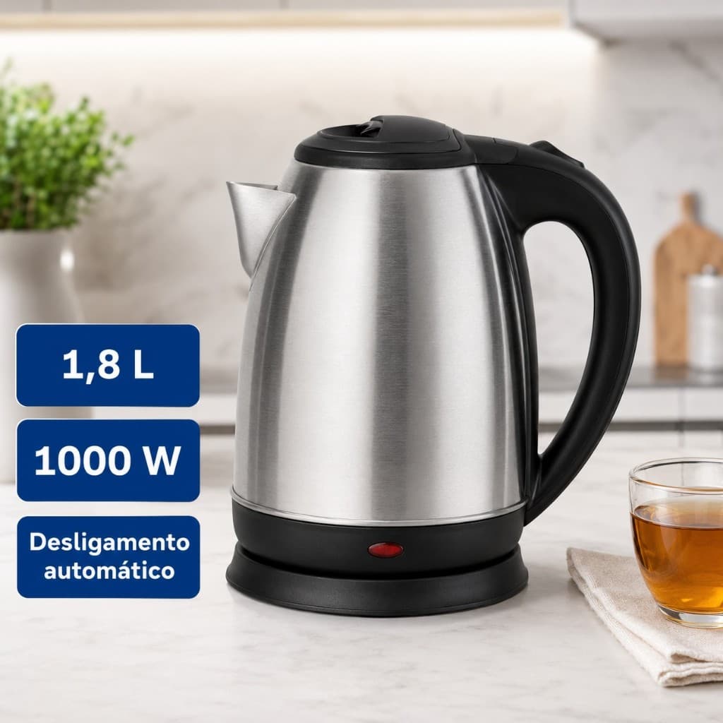 Chaleira Elétrica Inox 1,8 Litros 1000W 127V Aquecimento Rápido Desligamento Automático