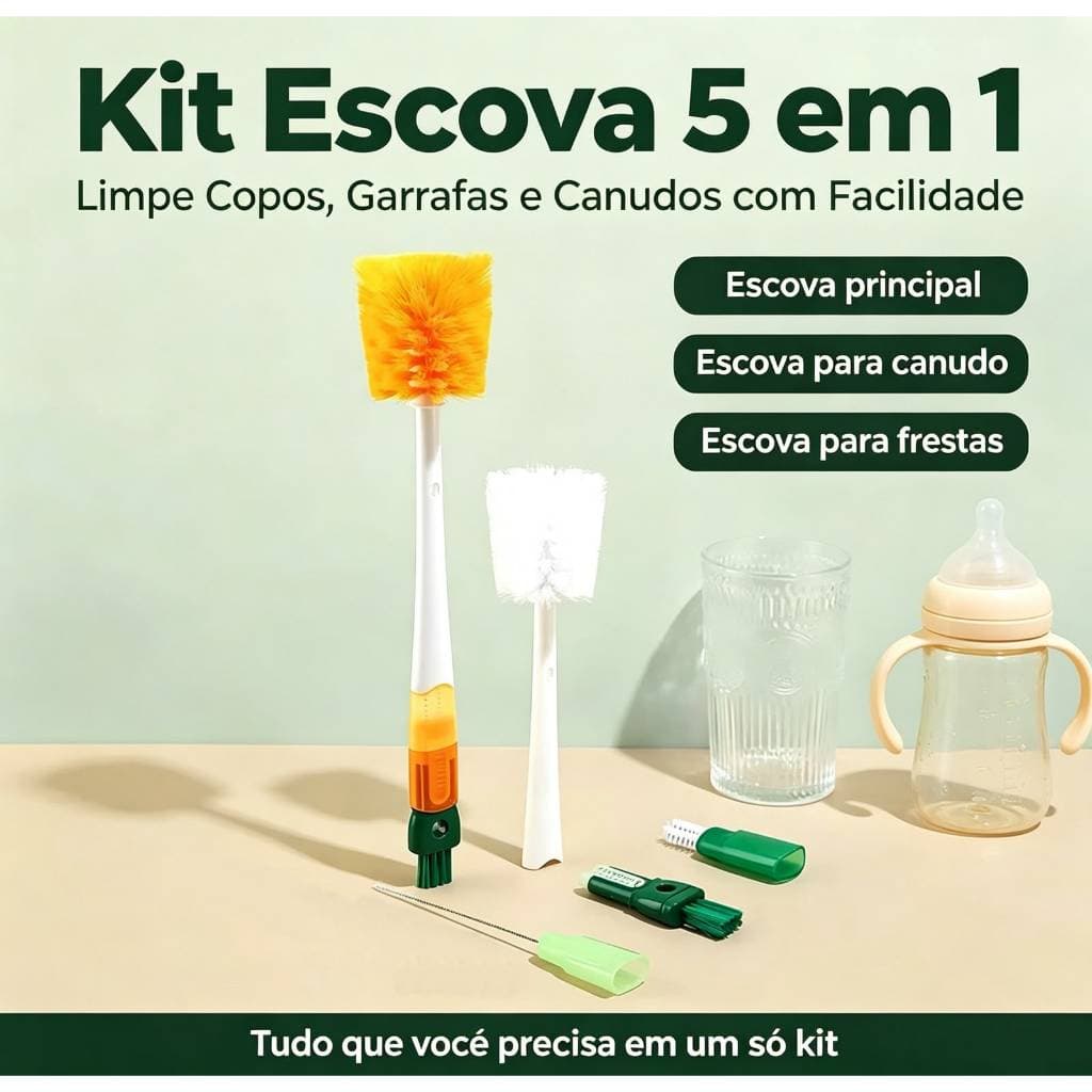 Escova de Limpeza 5 em 1 Multifuncional para Copos, Garrafas, Canudos e Tampas, Acessório de Cozinha