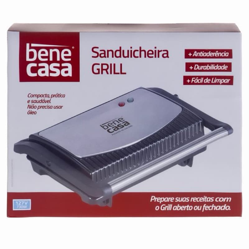 Sanduicheira Grill Elétrica Bene Casa 730W Antiaderente Abre 180°