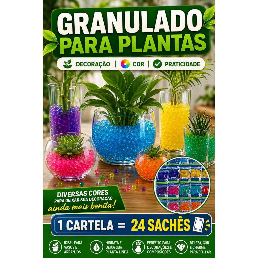 Granulado Hidrogel para Plantas Gel Cristal Decorativo para Vasos 24 Sachês
