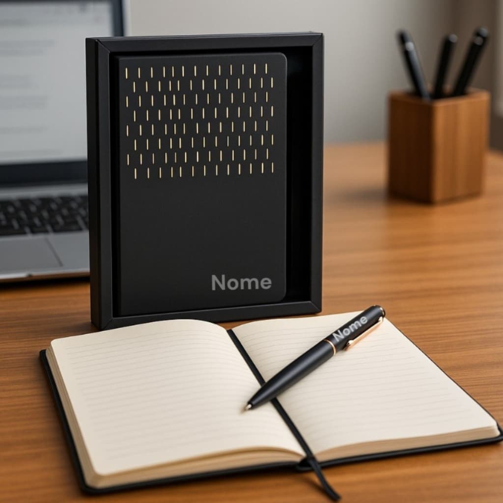 Kit Bloco Caderno com Pauta + Caneta de Metal c Nome Personalizado + Caixa de Presente