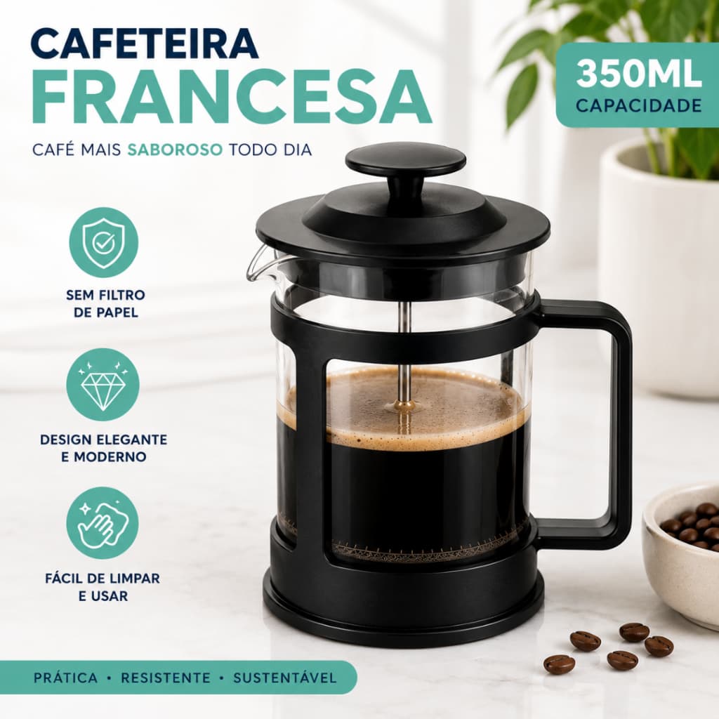 Cafeteira Prensa Francesa Vidro Café Leite Cremoso 350ml Cremeira