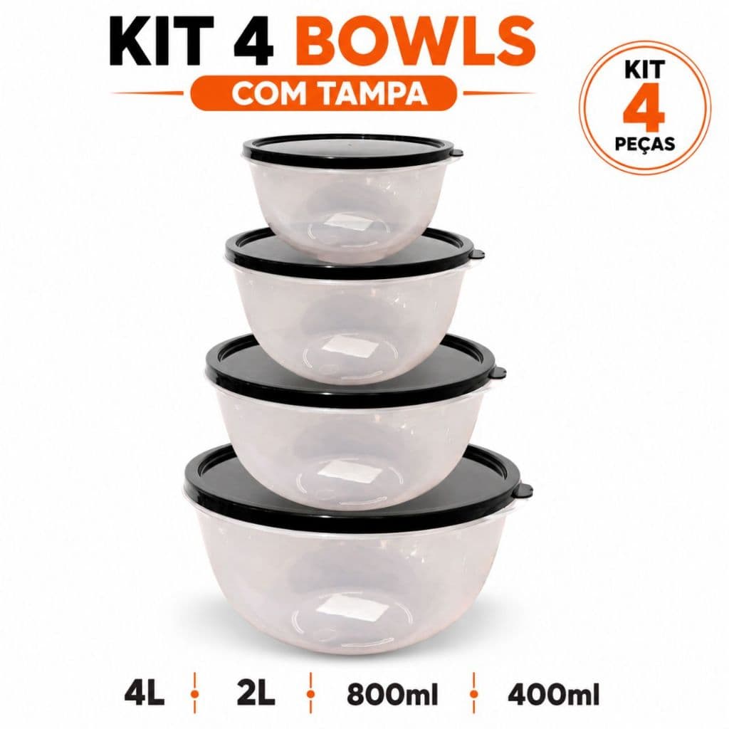 Kit 4 Bowls Plástico Transparente com Tampa Preta  |4L + 2L + 800ml + 400ml | Potes Multiuso para Cozinha | Livre de BPA