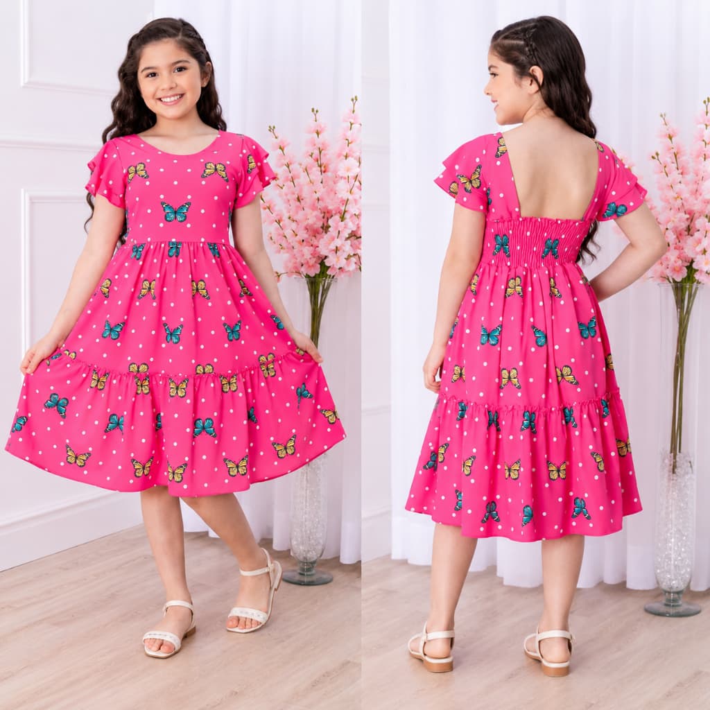 Vestido Infantil Juvenil com Manga Babado e Costa com lastex - Elegante e Confortável