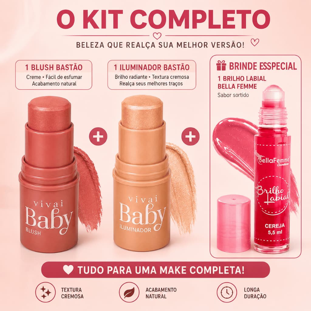 Blush + Iluminador Bastão Vivai Baby com Brinde Brilho Labial Bella Femme