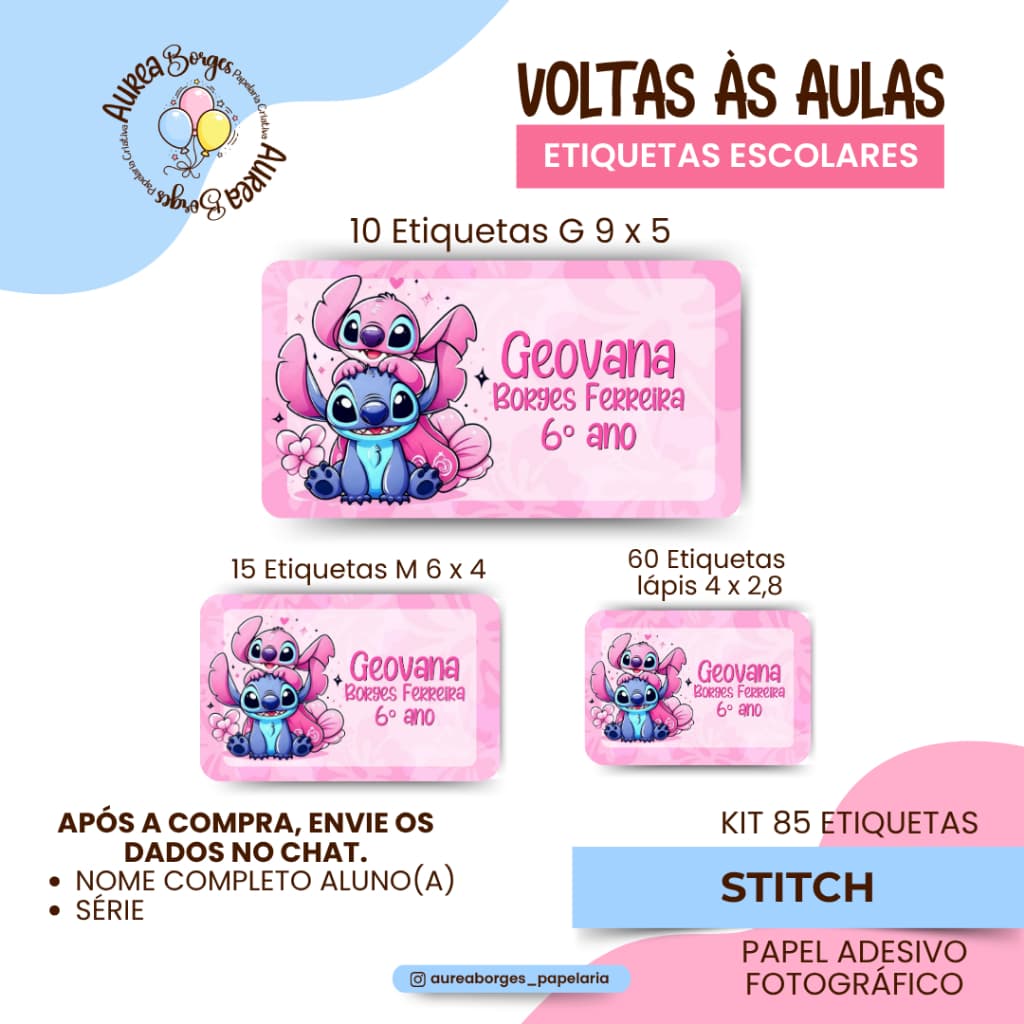 Kit 85 Etiquetas Escolares Personalizadas Stitch Adesivos Fotográfico Volta às Aulas Cadernos